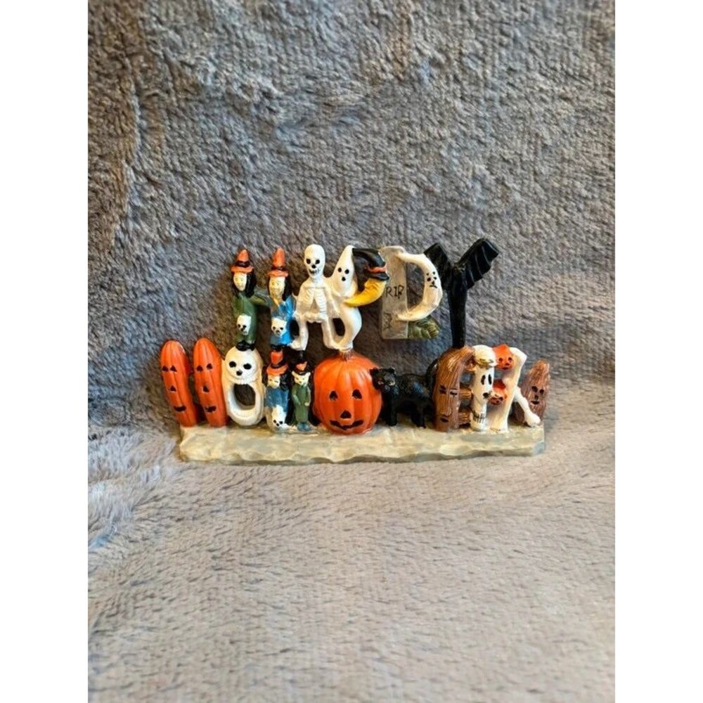 Vtg Halloween Resin Shelf Sitter Sign Happy Halloween Witch Ghost Skeleton